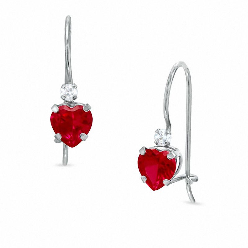 5mm Heart-Shaped Lab-Created Ruby Drop Earrings in 10K White Gold with CZ