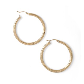 40mm Satin and Florentine Hoop Earrings in 10K Tube Hollow Gold
