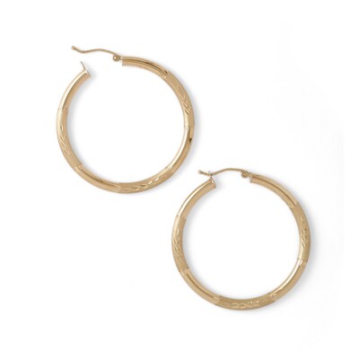 40mm Satin and Florentine Hoop Earrings in 10K Tube Hollow Gold