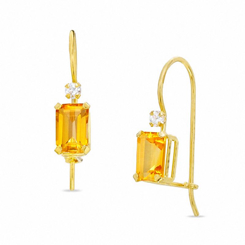 Main Image 1 of Emerald-Cut Citrine Drop Earrings in 10K Gold with CZ