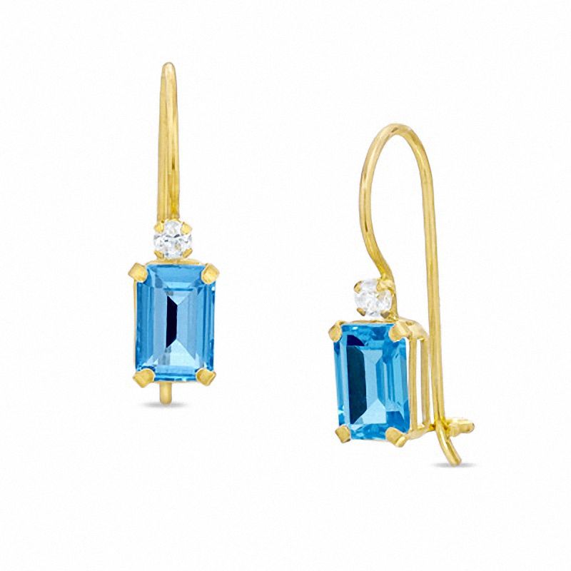Main Image 1 of Emerald-Cut Blue Topaz Drop Earrings in 10K Gold with CZ