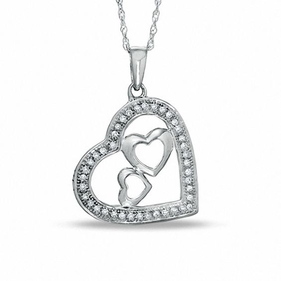 Diamond Accent Heart with Two  Hearts Pendant in 10K White Gold
