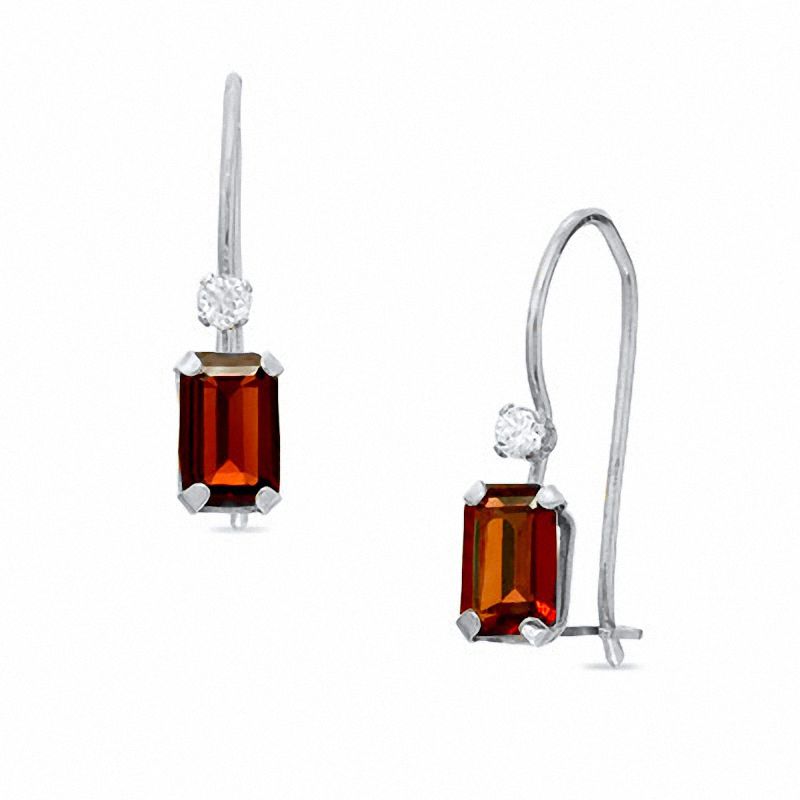 Octagonal Garnet and Cubic Zirconia Drop Earrings in 10K White Gold