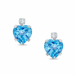 6mm Heart-Shaped Blue Topaz Stud Earrings in 10K White Gold with CZ