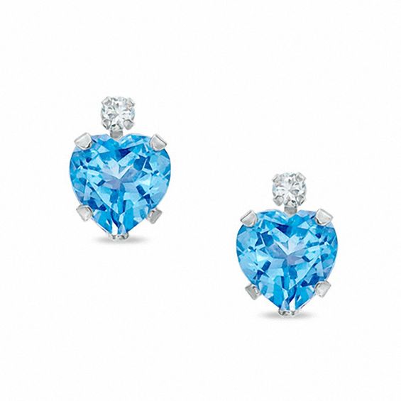 6mm Heart-Shaped Blue Topaz Stud Earrings in 10K White Gold with CZ