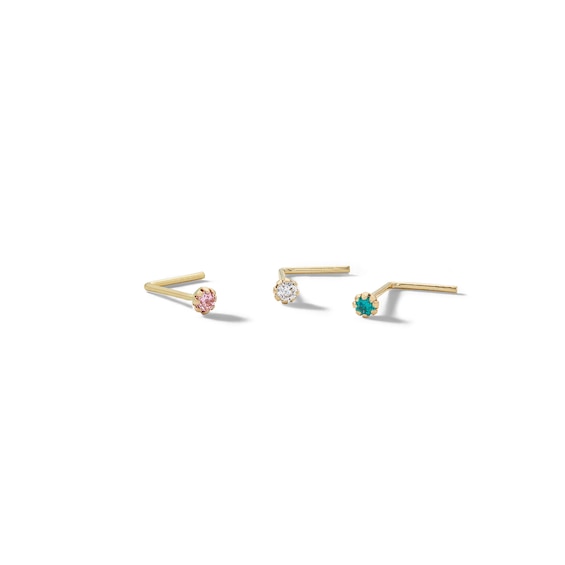 14K Solid Gold CZ Multi-Colored Nose Stud Set