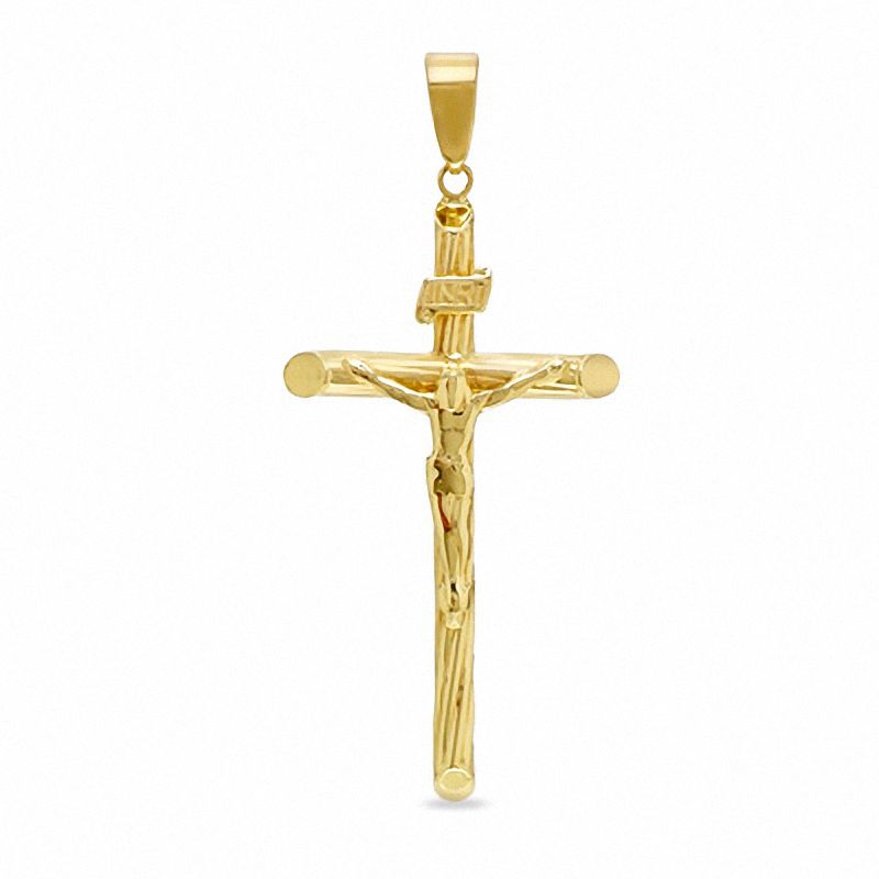 Twist Etched Tube Crucifix Charm in 10K Gold