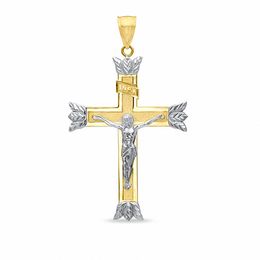 Crucifix with Leaf Tips Charm in 10K Solid Two-Tone Gold