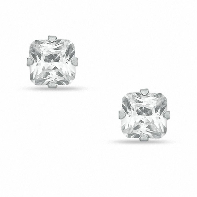 Main Image 1 of 6mm Princess-Cut Cubic Zirconia Solitaire Stud Piercing Earrings in Solid Stainless Steel