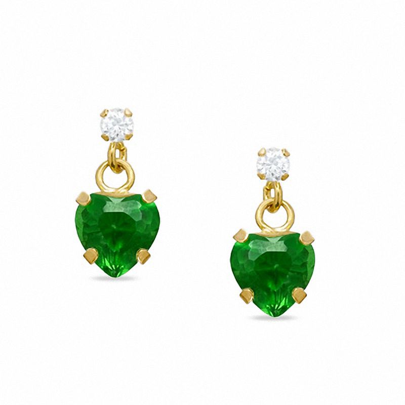 Main Image 1 of 5mm Heart-Shaped Lab-Created Emerald Drop Earrings in 10K Gold with CZ