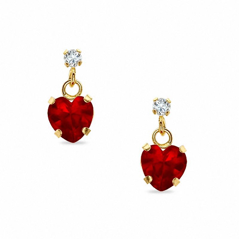 5mm Heart-Shaped Lab-Created Ruby Drop Earrings in 10K Gold with CZ