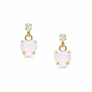 5mm Heart-Shaped Lab-Created Opal Drop Earrings in 10K Gold with CZ's