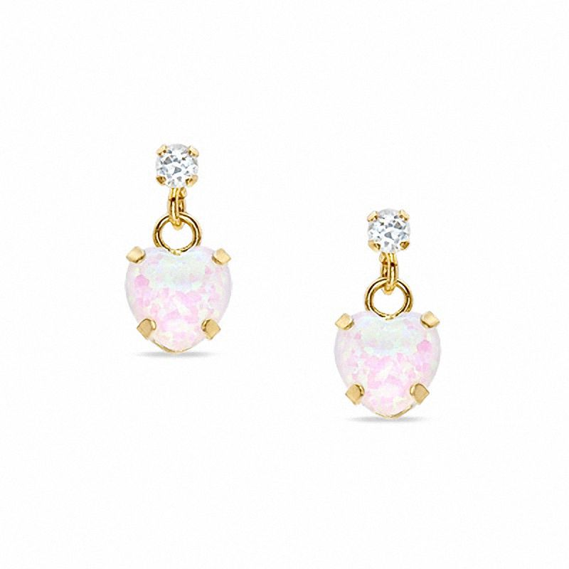 5mm Heart-Shaped Lab-Created Opal Drop Earrings in 10K Gold with CZ's