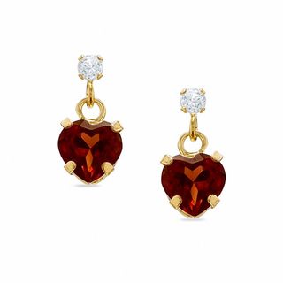 5mm Heart-Shaped Garnet Drop Earrings in 10K Gold with CZ