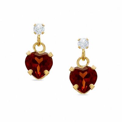 5mm Heart-Shaped Garnet Drop Earrings in 10K Gold with CZ
