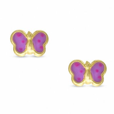 Child's Pink Enamel Butterfly Stud Earrings in 10K Gold