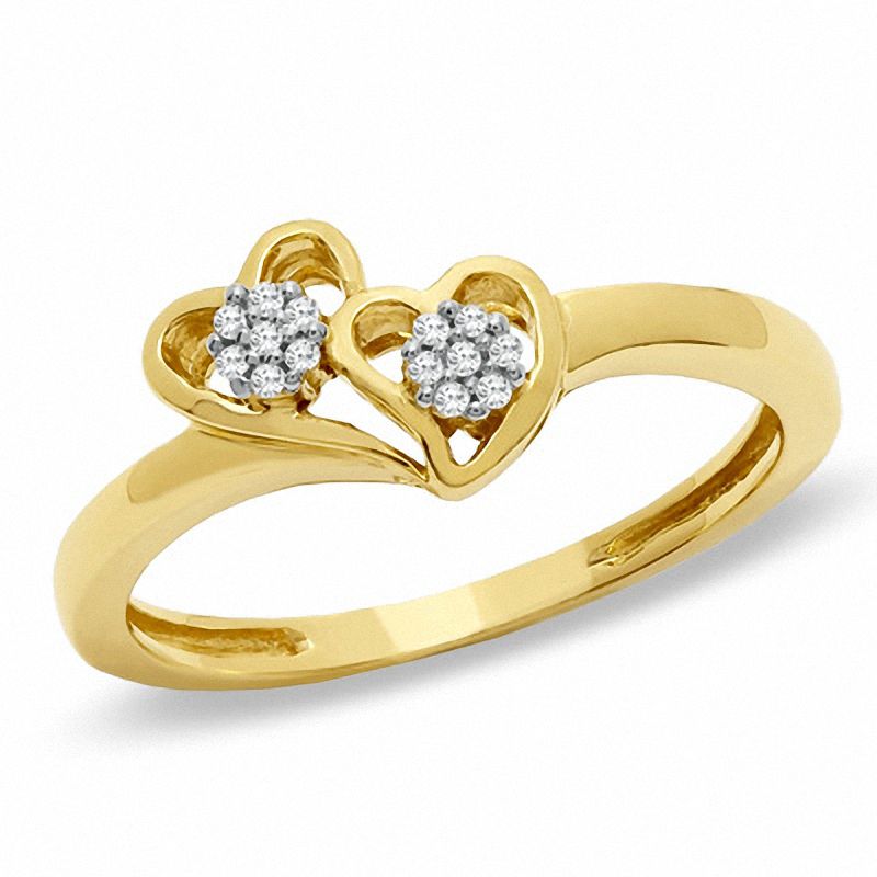 10k Yellow Gold Blue Diamond Heart Band Two Hearts Love Ring Milgrain Style Fashion Design 1/5 ctw