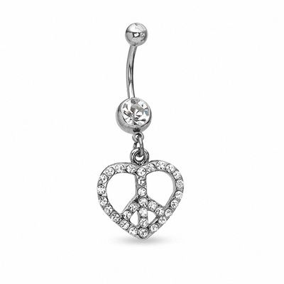 014 Gauge Heart Peace Sign Belly Button Ring with Crystals in Stainless Steel