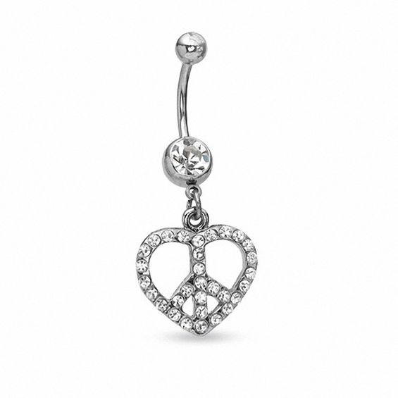 014 Gauge Heart Peace Sign Belly Button Ring with Crystals in Stainless Steel
