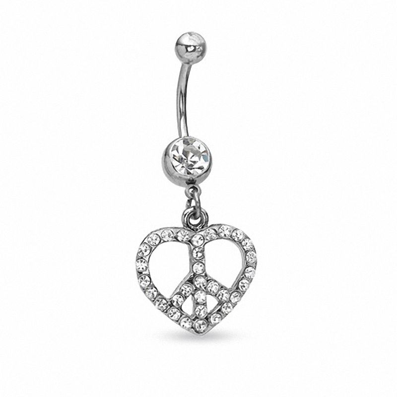 Main Image 1 of 014 Gauge Heart Peace Sign Belly Button Ring with Crystals in Stainless Steel