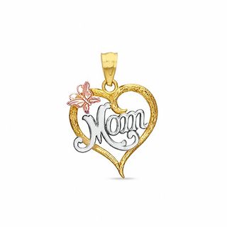 Cursive "Mom" with Butterfly Diamond-Cut Heart Tri-Tone Necklace Charm in 10K Gold