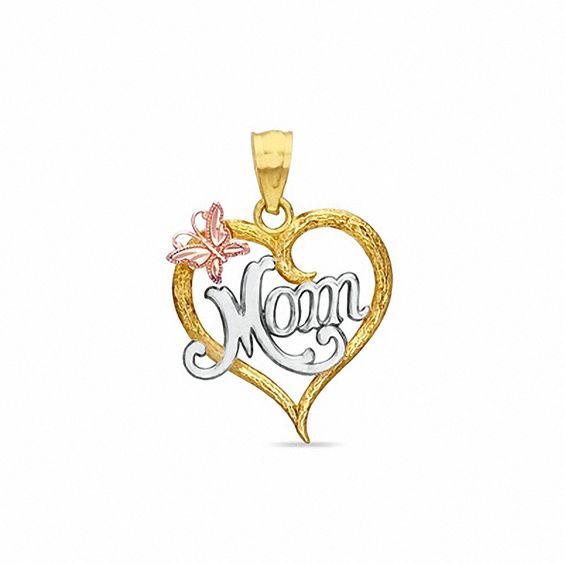 Cursive "Mom" with Butterfly Diamond-Cut Heart Tri-Tone Necklace Charm in 10K Gold