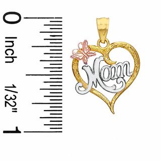 Cursive "Mom" with Butterfly Diamond-Cut Heart Tri-Tone Necklace Charm in 10K Gold