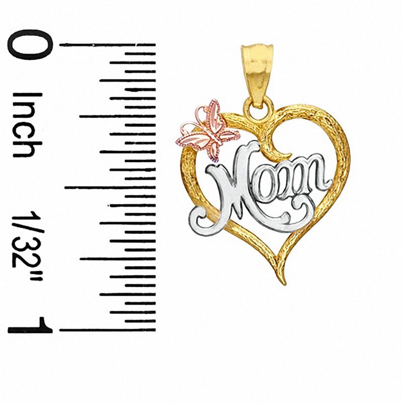 Cursive "Mom" with Butterfly Diamond-Cut Heart Tri-Tone Necklace Charm in 10K Gold