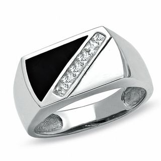 Cubic Zirconia and Onyx Diagonal Ring in Sterling Silver