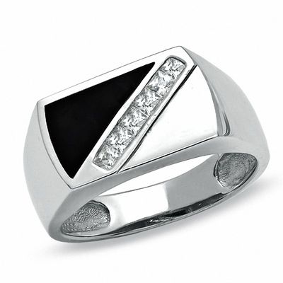 Cubic Zirconia and Onyx Diagonal Ring in Sterling Silver