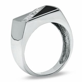 Cubic Zirconia and Onyx Diagonal Ring in Sterling Silver