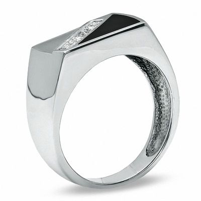 Cubic Zirconia and Onyx Diagonal Ring in Sterling Silver