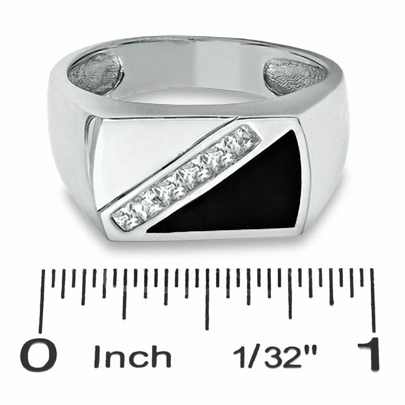 Cubic Zirconia and Onyx Diagonal Ring in Sterling Silver