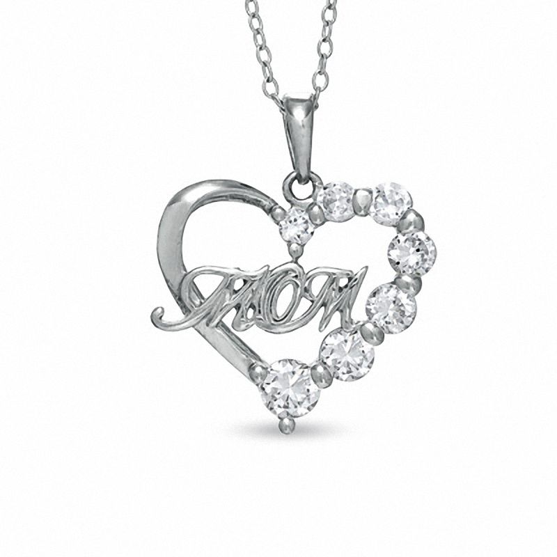Main Image 1 of Cubic Zirconia MOM Half Heart Pendant in Sterling Silver
