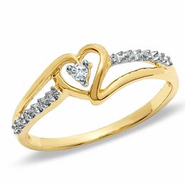 Diamond Accent Solitaire Heart Beaded Ribbon Split Shank Ring in 10K Two-Tone Gold
