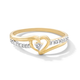 Diamond Accent Solitaire Heart Beaded Ribbon Split Shank Ring in 10K Two-Tone Gold