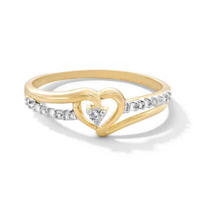 Diamond Accent Solitaire Heart Beaded Ribbon Split Shank Ring in 10K Two-Tone Gold