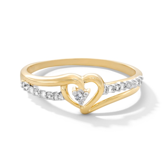 Diamond Accent Solitaire Heart Beaded Ribbon Split Shank Ring in 10K Two-Tone Gold