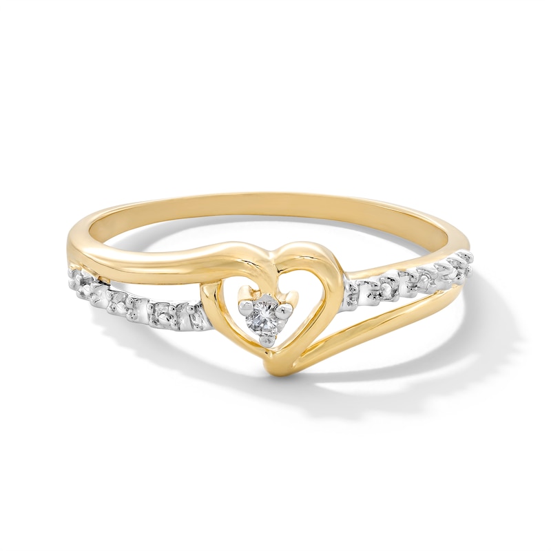 Main Image 1 of Diamond Accent Solitaire Heart Beaded Ribbon Split Shank Ring in 10K Two-Tone Gold