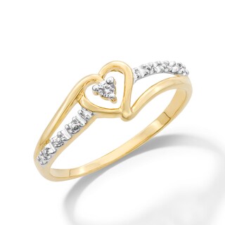 Diamond Accent Solitaire Heart Beaded Ribbon Split Shank Ring in 10K Two-Tone Gold