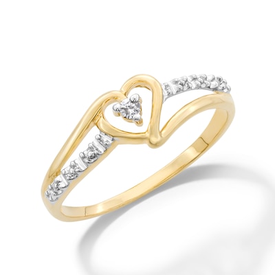 Diamond Accent Solitaire Heart Beaded Ribbon Split Shank Ring in 10K Two-Tone Gold