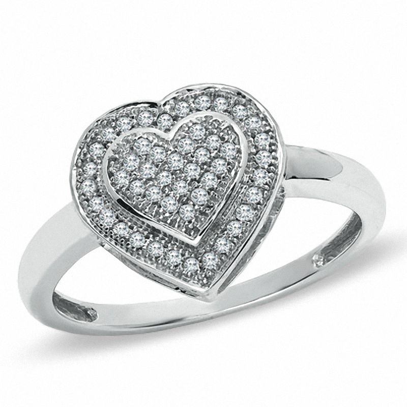 Main Image 1 of 1/7 CT. T.W. Diamond Double Heart Ring in 10K White Gold - Size 7