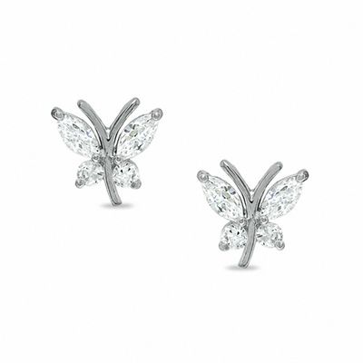 Cubic Zirconia Butterfly Stud Earrings in 10K White Gold