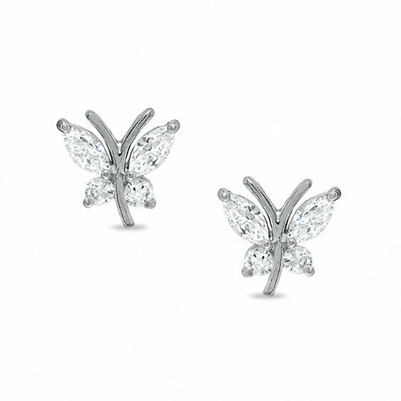Cubic Zirconia Butterfly Stud Earrings in 10K White Gold