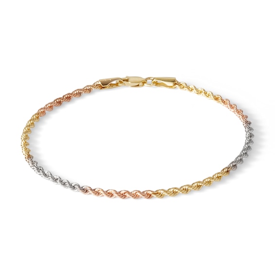 016 Gauge Rope Chain Bracelet in 10K Hollow Tri-Tone Gold - 7"