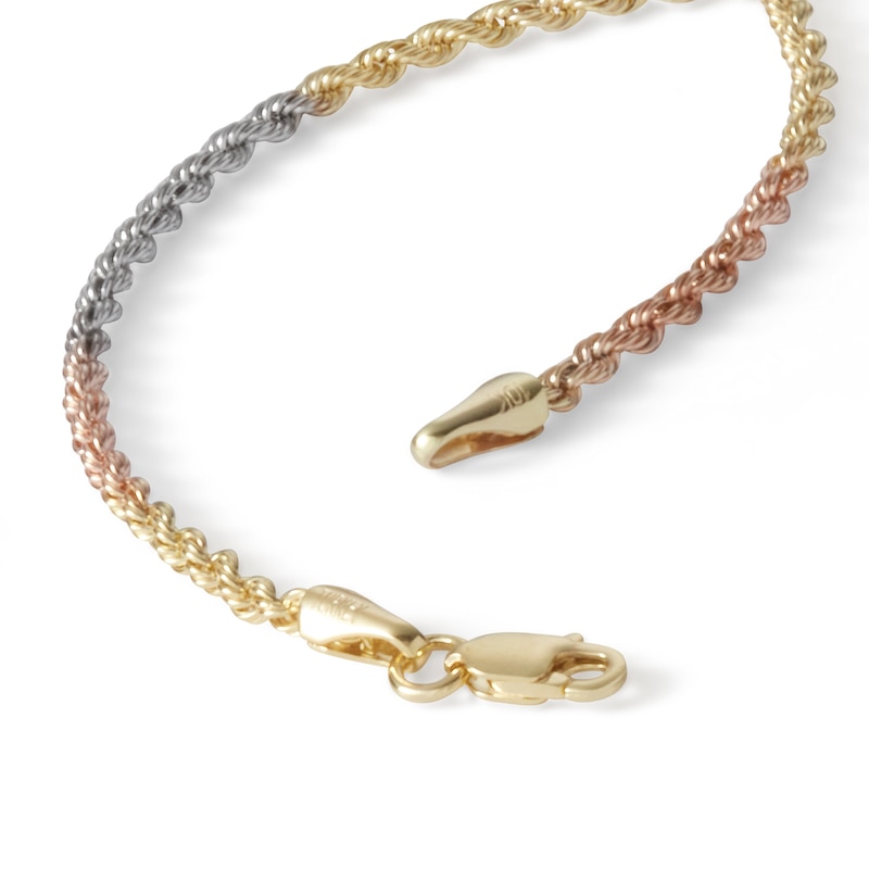 Main Image 2 of 016 Gauge Rope Chain Bracelet in 10K Hollow Tri-Tone Gold - 7"