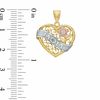 Cubic Zirconia Rose with "MOM" Banner Diamond-Cut Filigree Heart Tri-Tone Necklace Charm in 10K Gold