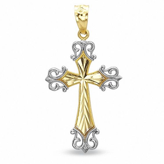 Small Fancy Diamond-Cut Cross Charm with Open Tips in 14K Two-Tone Gold