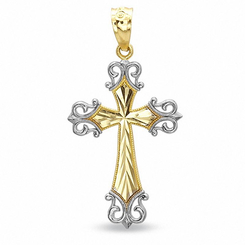 Small Fancy Diamond-Cut Cross Charm with Open Tips in 14K Two-Tone Gold