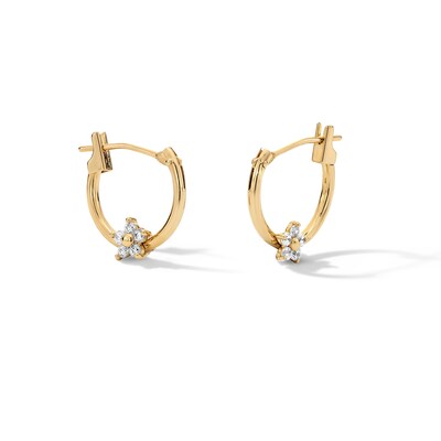 Cubic Zirconia Flower on Hoop Earrings in 10K Gold